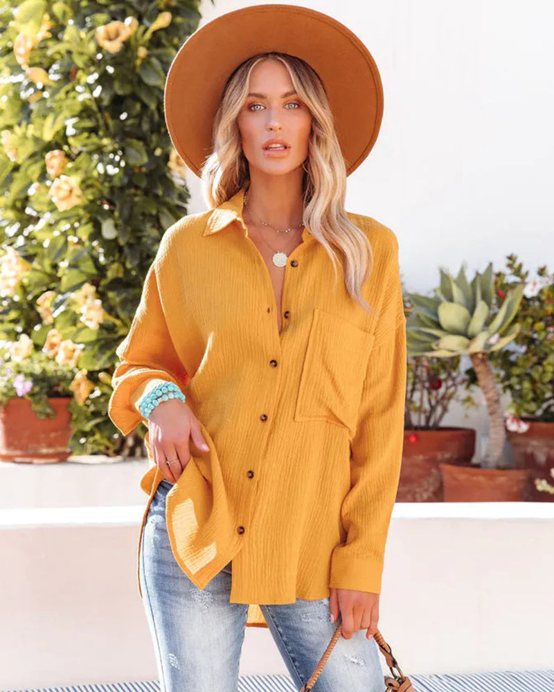 Crinkle Crepe Casual Top Button-Down Long Sleeve Shirt Loose Blouse with Pocket