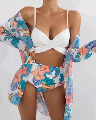 Printed Push-Up Padded Bikini Cover Up 3pcs Sets Lace-up Cross Front Swimsuits