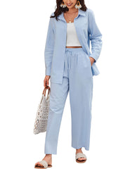 Women 2 Piece Linen Sets Button Down Linen Shirts Summer Loose Long Pants Vacation Beach Outfits - Zeagoo (Us Only)