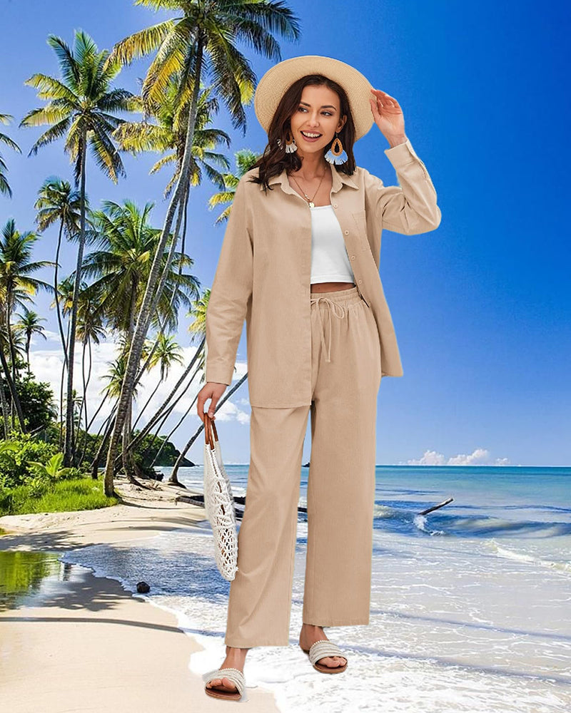 Women 2 Piece Linen Sets Button Down Linen Shirts Summer Loose Long Pants Vacation Beach Outfits - Zeagoo (Us Only)