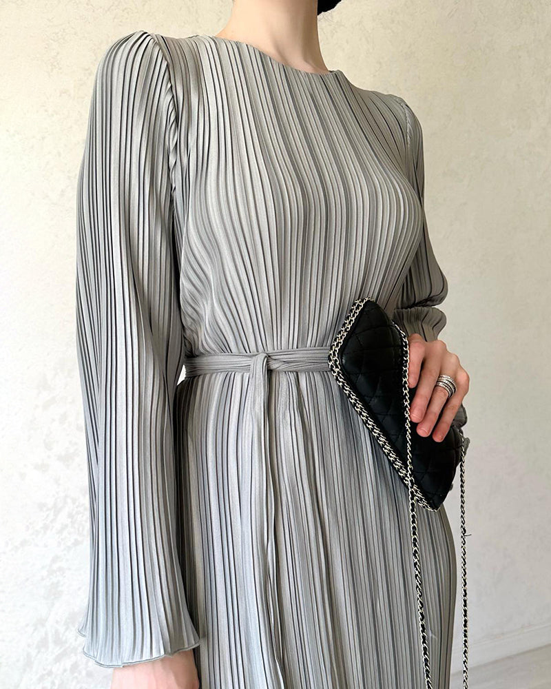 Pleated Bell Sleeve Back Tie Up Maxi Dress