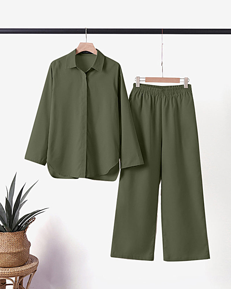 Two Piece Set Lapel Long-sleeved Shirt Casual Solid Color Wide-leg Pants Suit