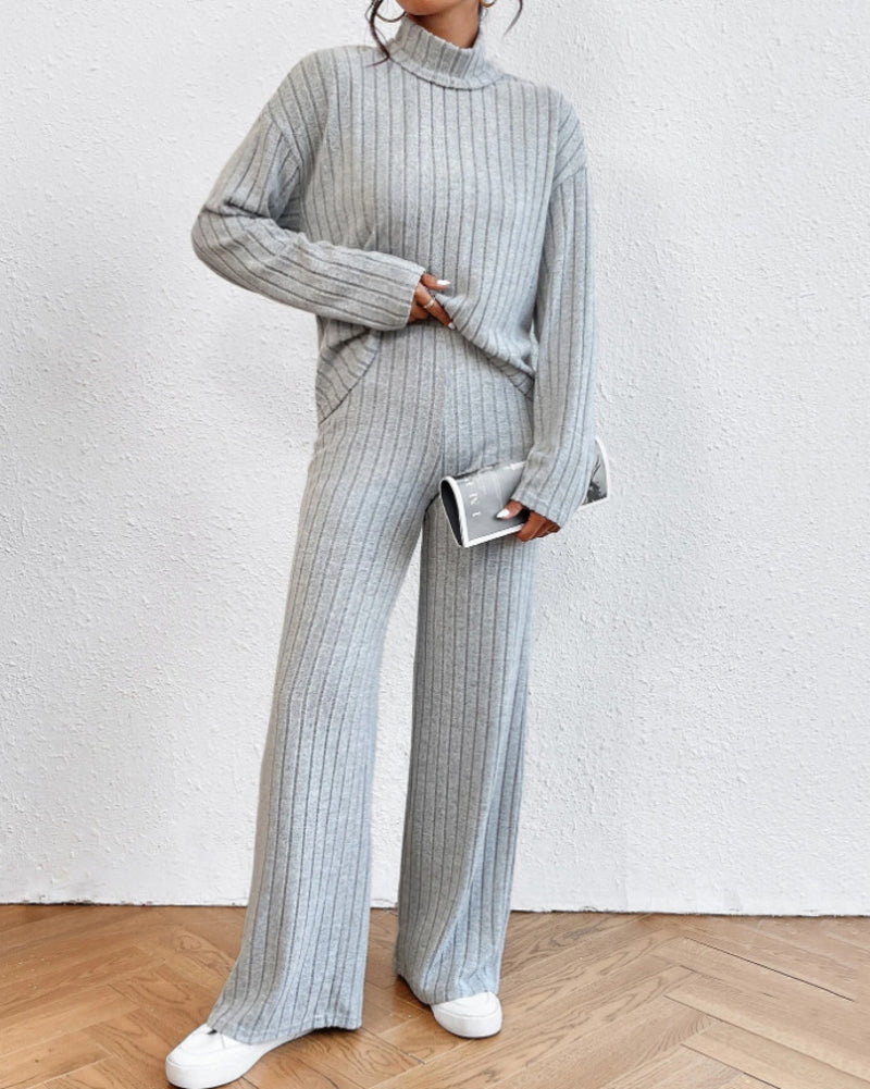 Women's Two Pieces Sets Ribbed Knit V-Neck Long-Sleeve Top & Pants Set