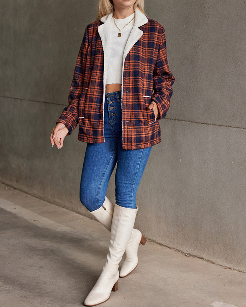 Vintage 70s Orange and Black Plaid Plush Jacket