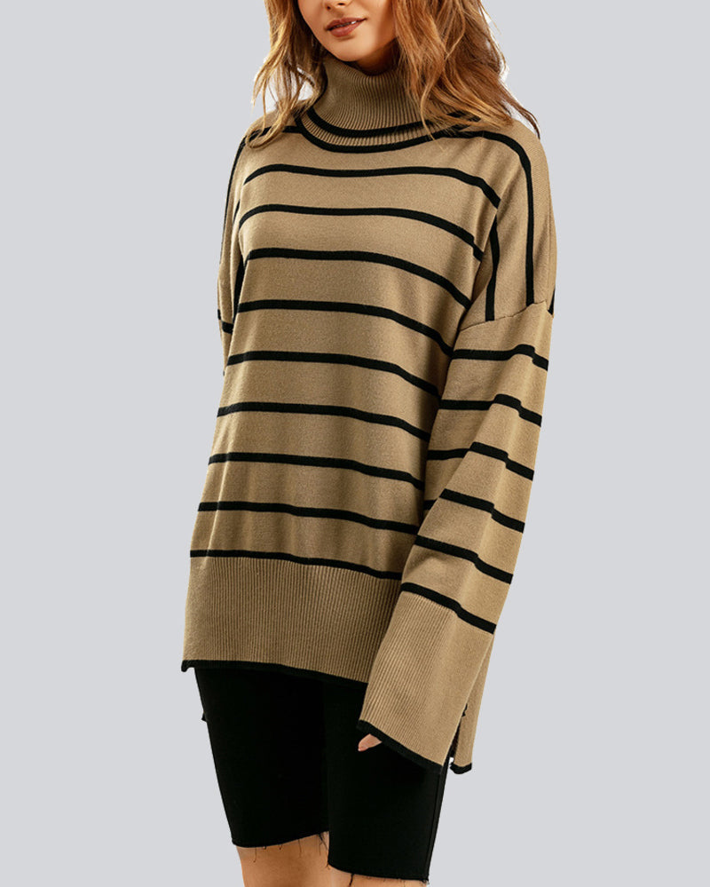 Striped Sweater Casual Turtleneck Knit Pullover Jumper Tops