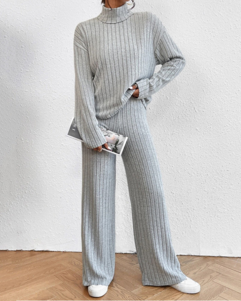 Women's Two Pieces Sets Ribbed Knit V-Neck Long-Sleeve Top & Pants Set