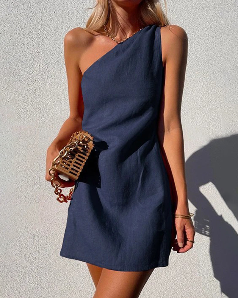 One Shoulder Mini Dress Summer Casual Sleeveless Dress