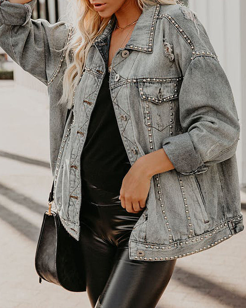 Loose Rivet Beading Ripped Cropped Denim Jacket