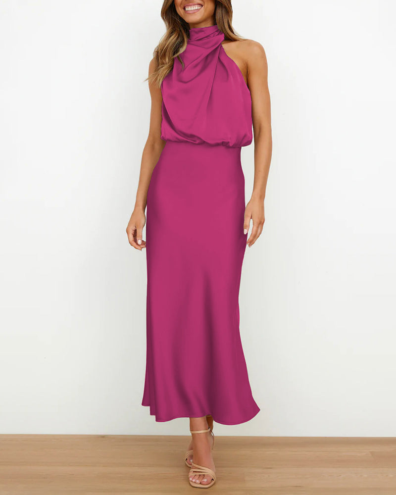 Long Formal Satin Dress Mock Neck High Neck Evening Dress