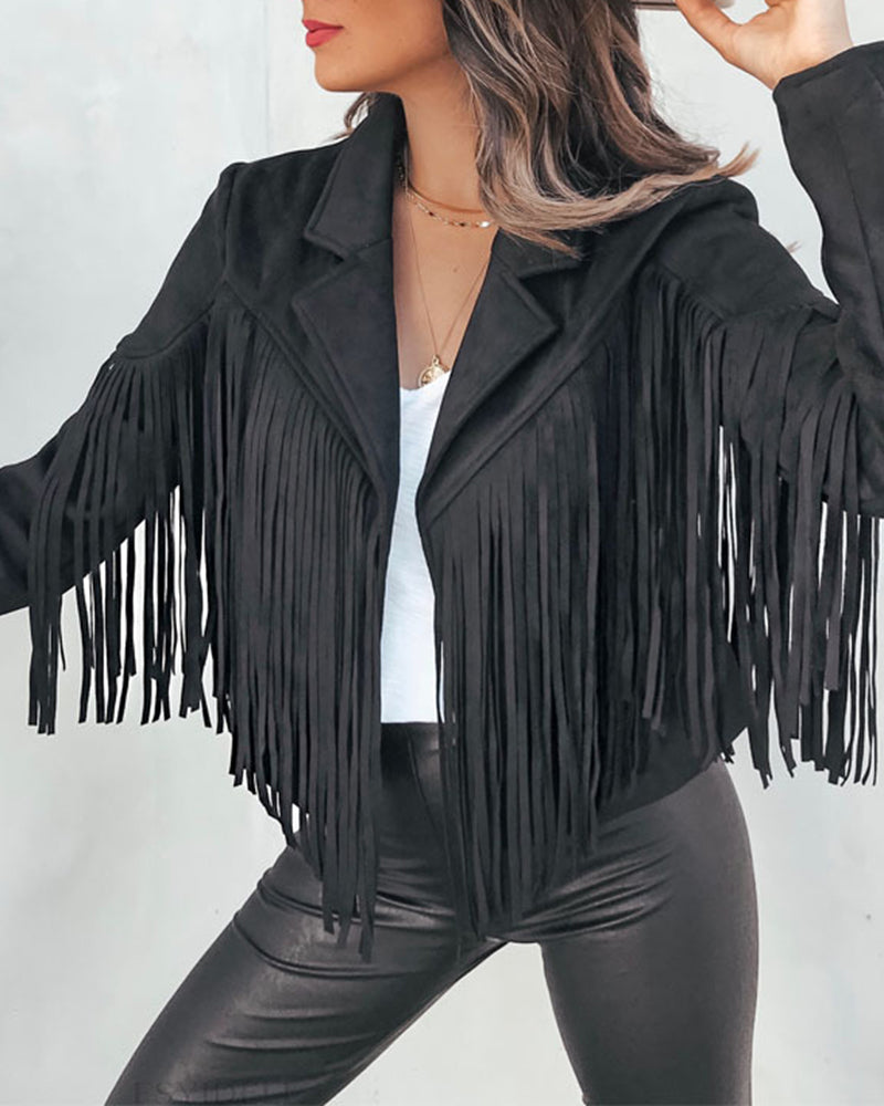 Slim Lapel Tassel Coats Soild Short Jackets Fringe Long Sleeve Party Cardigan