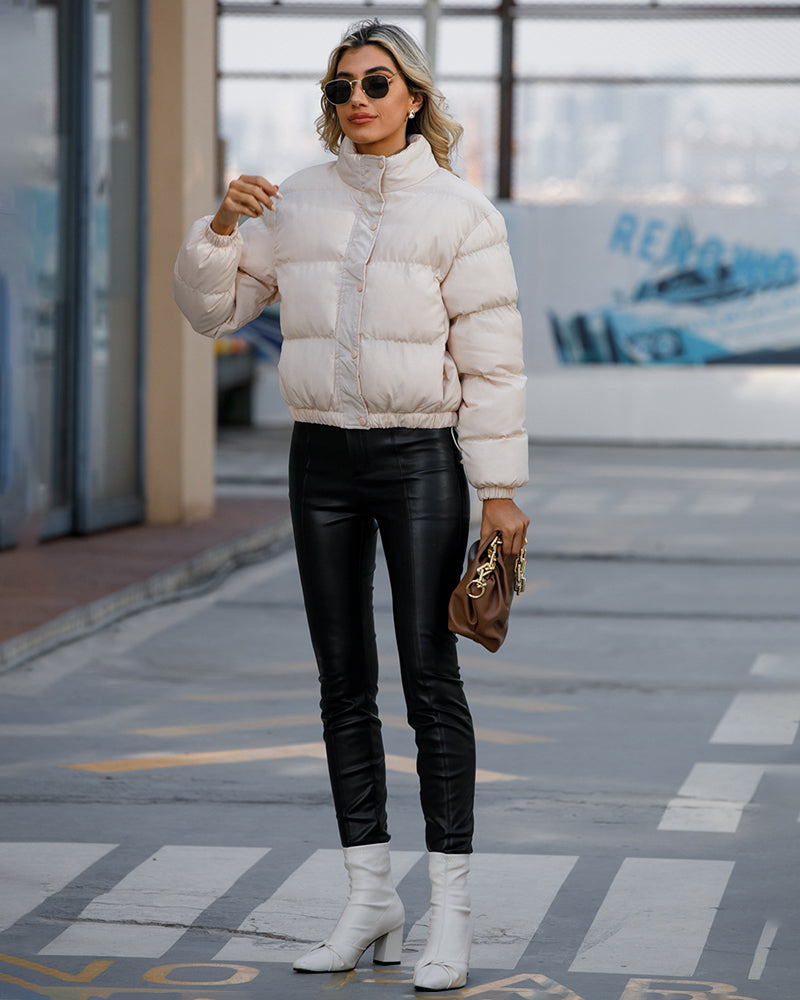 Short Puffer Jacket Stands Up Button Zipper Outerwear
