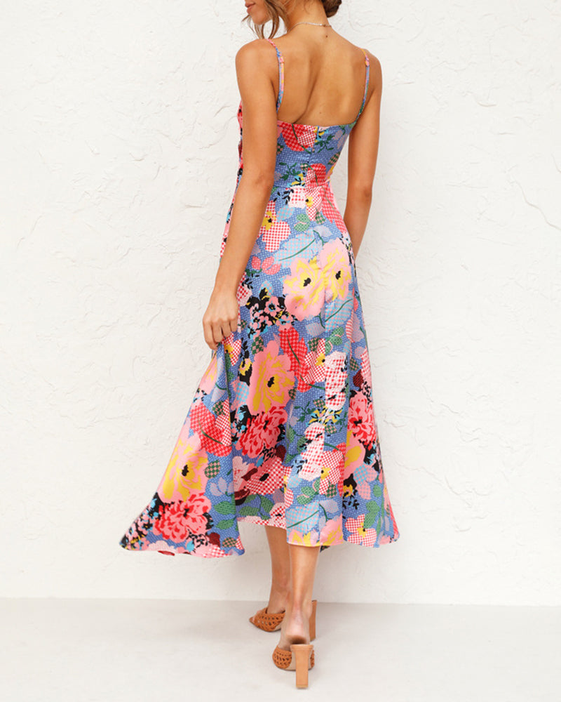 Spaghetti Strap Midi Dresses Sexy Deep V Neck Backless Floral Print Side Slit Maxi Dress