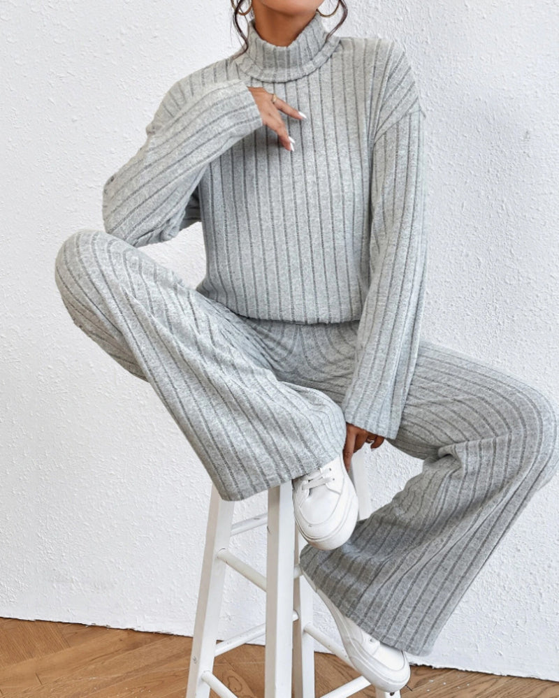 Women's Two Pieces Sets Ribbed Knit Turtleneck Long-Sleeve Top & Pants Set