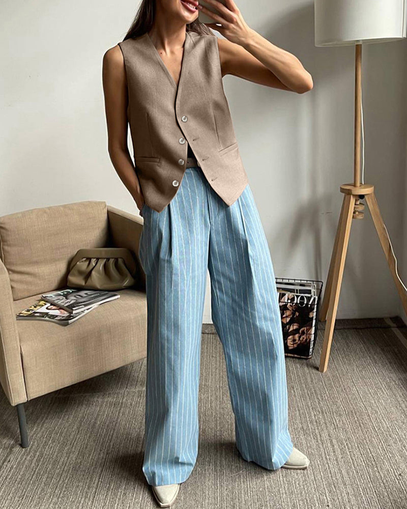 Solid ColorTwo-piece Slim Fit Sleeveless Vest Wide Leg Pants Set
