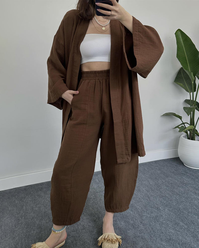 Casual Loungewear Set Solid Color Loose Long Sleeve Kimono Cardigan and Pants