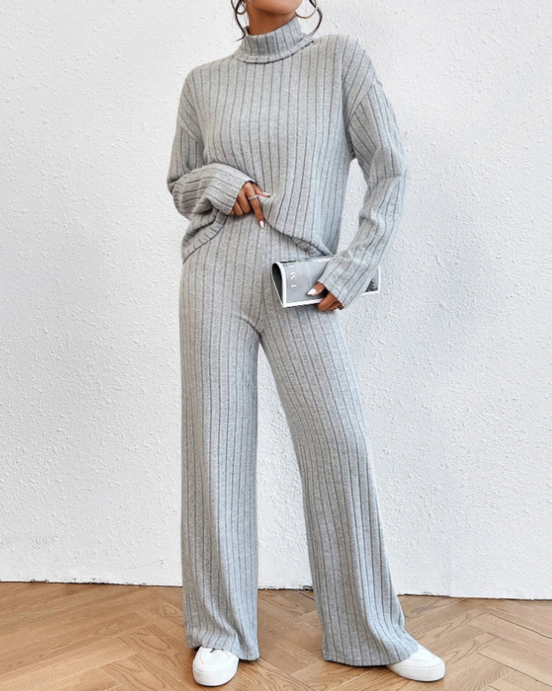 Women's Two Pieces Sets Ribbed Knit V-Neck Long-Sleeve Top & Pants Set