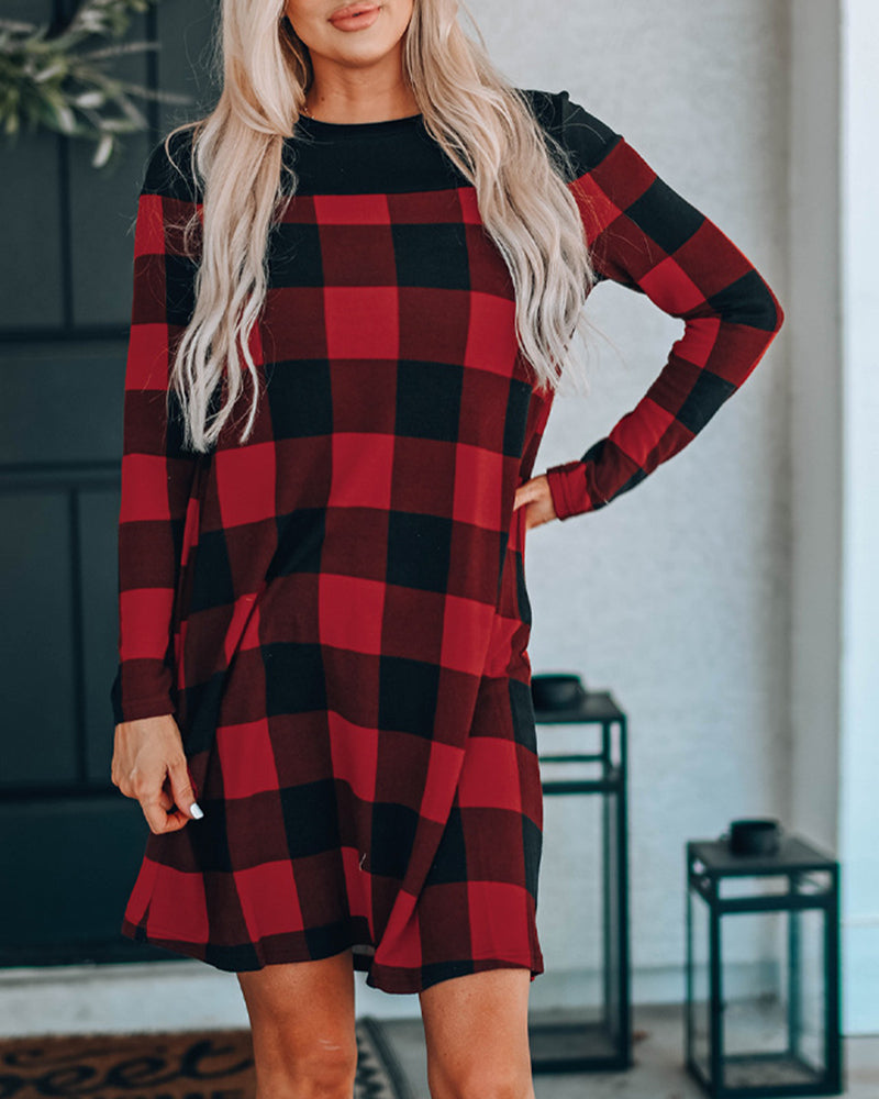 Plaid Splicing Long Sleeve Mini Dress