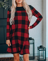 Plaid Splicing Long Sleeve Mini Dress