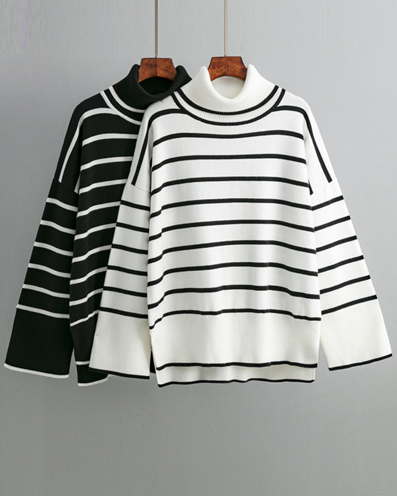 Striped Sweater Casual Turtleneck Knit Pullover Jumper Tops