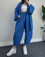 Casual Loungewear Set Solid Color Loose Long Sleeve Kimono Cardigan and Pants