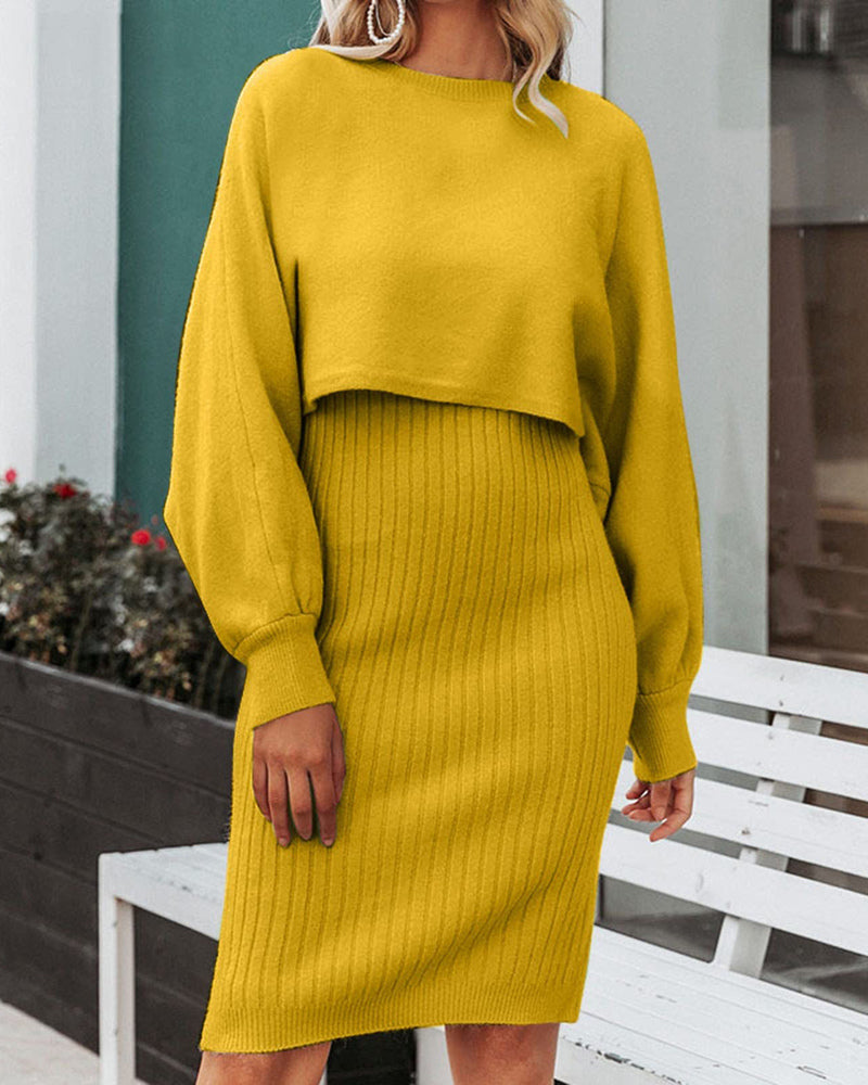 Women's Two Pieces Sets Long Sleeve Lazy Style Fashionable Sweater + Solid Knitted Skirt Dress