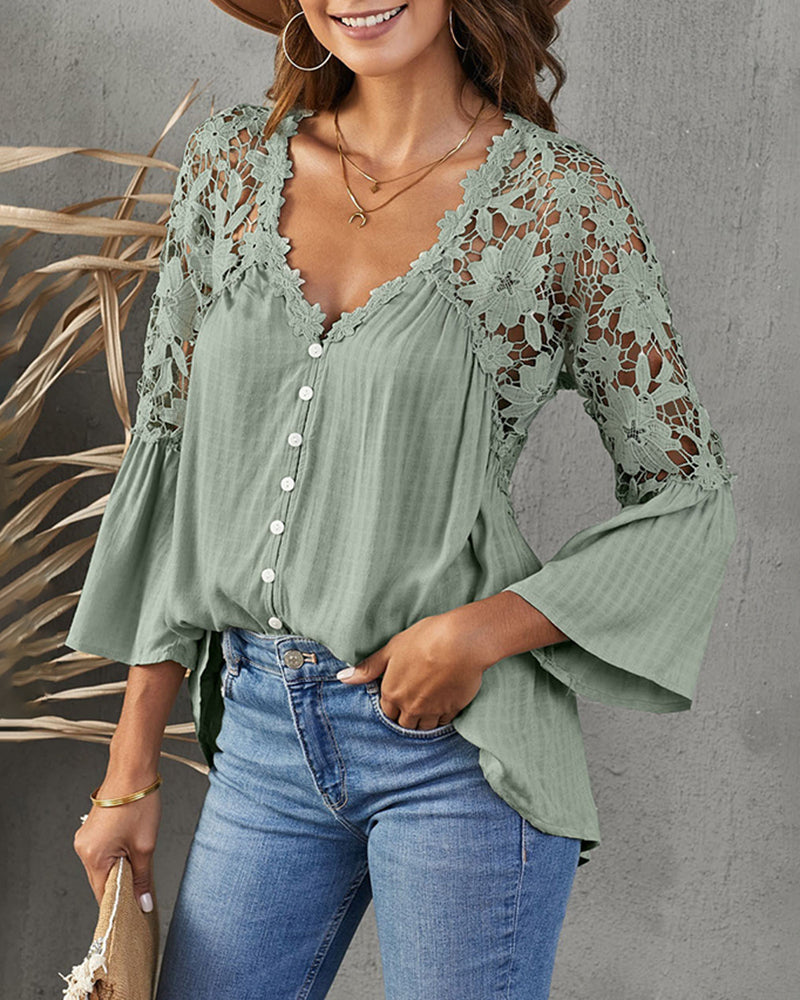 Lace Boho Blouses Crochet Flowy Bell Sleeve Button Down Casual T Shirts