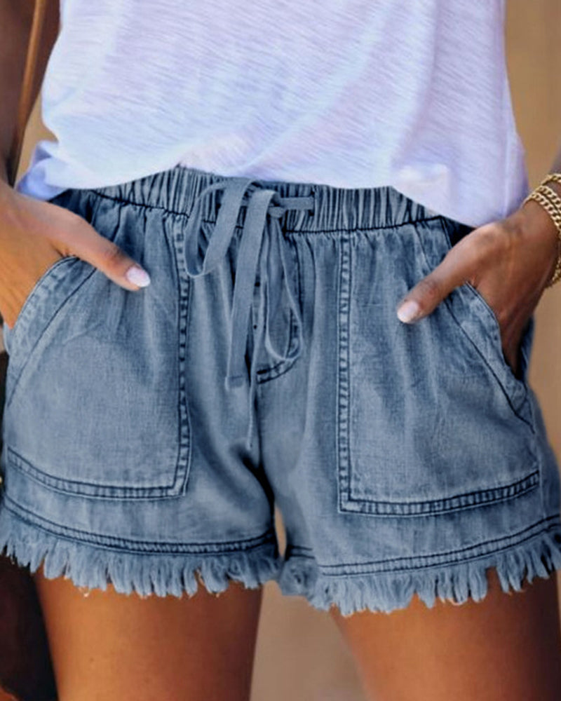 Denim Shorts Casual Drawstring Elastic Waist Summer Frayed Tencel Short Jeans With Pockets