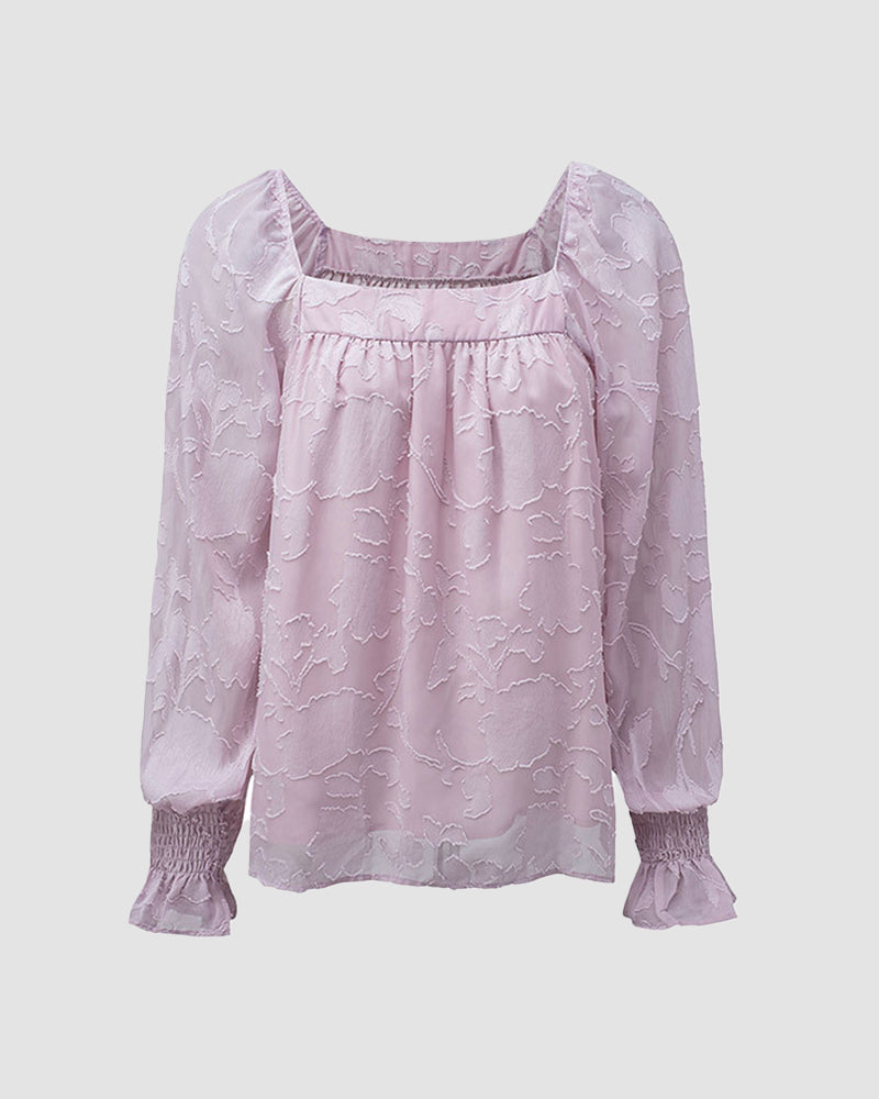 Ruffle Sleeve Solid Color Pullover Square Neck Chiffon Top