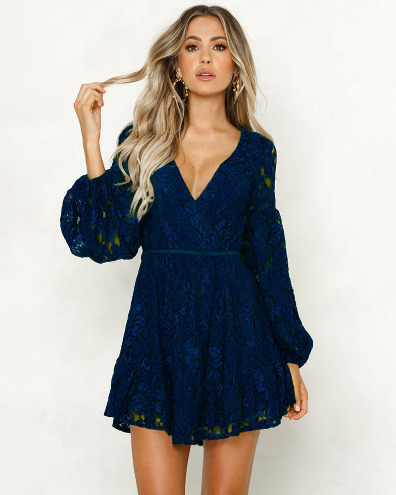 Lace Dress Deep V Floral Long Sleeve Cocktail Swing Dress