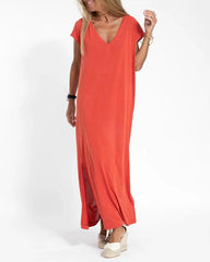 Casual V-neck Short Sleeve Loose Fit Slit Dress