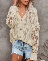 Long Sleeve Lace Cable Knit Sweater Open Front Cardigan Button Loose Shirts