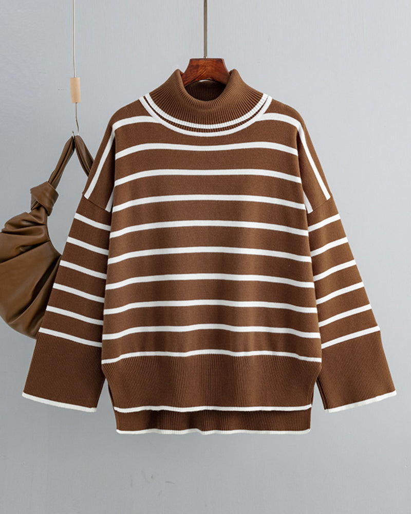 Striped Sweater Casual Turtleneck Knit Pullover Jumper Tops