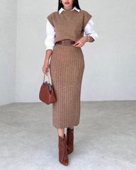 Sleeveless Vest + Knitted Skirt Two-piece Set