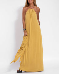 Two-piece Halterneck Tie Sleeveless Long Dress and Irregular Cardigan Set