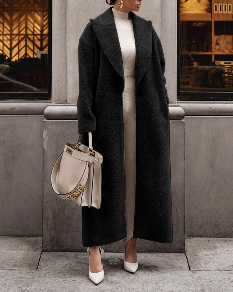 Turndown Collar Long Sleeve Plush Long Coat