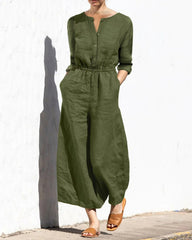 Solid Color Elastic Waist Long Sleeve Wide Leg Long Jumpsuit