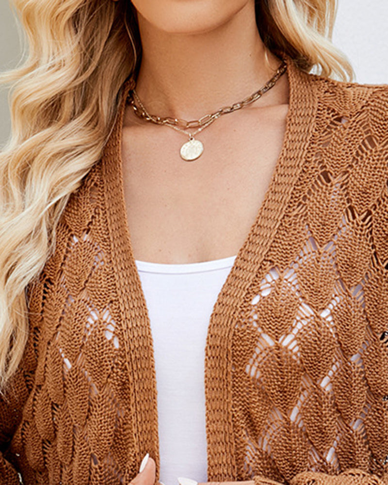 Solid Color Hollowed Out Knitted Cardigan Loose V-Neck Long Sleeved Cardigan Top