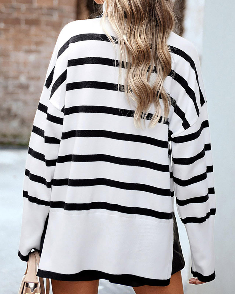 Striped Sweater Casual Turtleneck Knit Pullover Jumper Tops