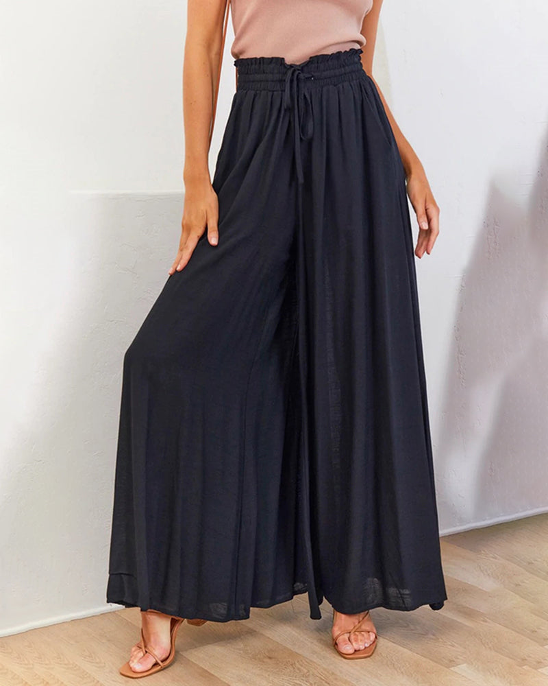 Wide Leg Flowy Pants Summer Boho Elastic Waist Drawstring Palazzo Trousers