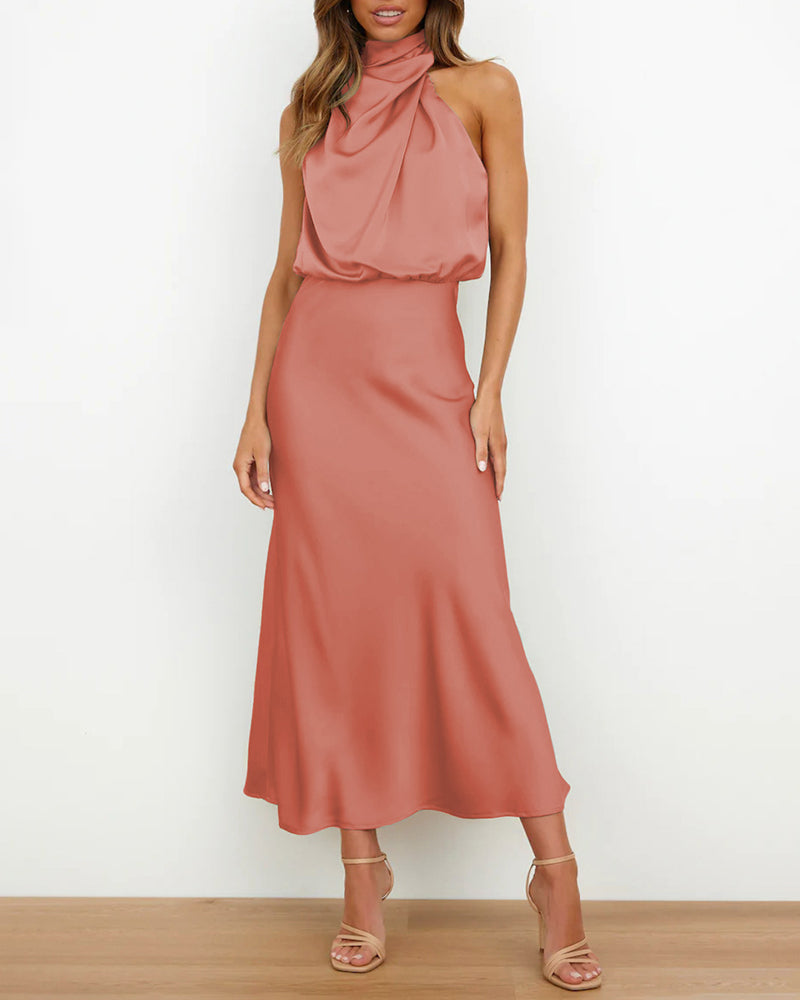 Long Formal Satin Dress Mock Neck High Neck Evening Dress