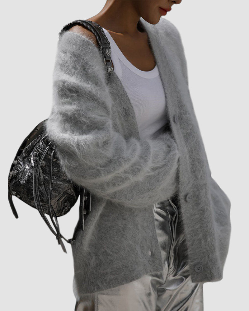 Fuzzy V Neck Loose Cardigan Sweater