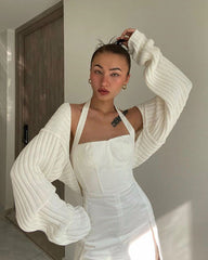 Puff Long Sleeve Rib Knit Short Fleece Cropped Cardigan