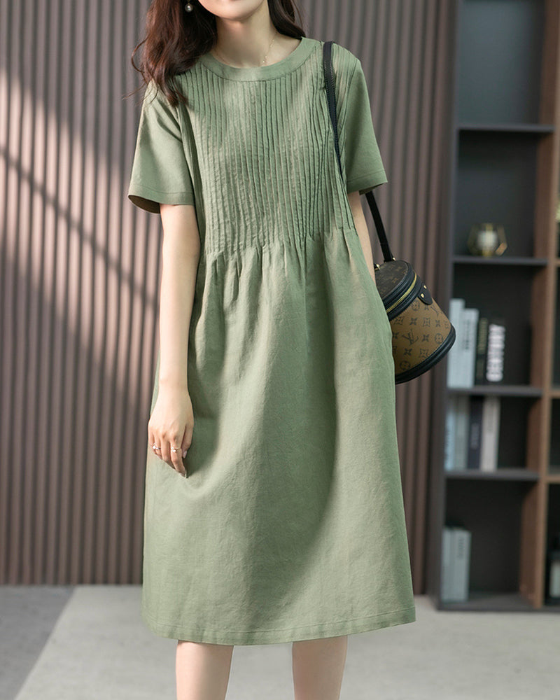 Crew Neck Cotton Linen Plain Dress Casual Loose Short Sleeve Sundress with Pockets