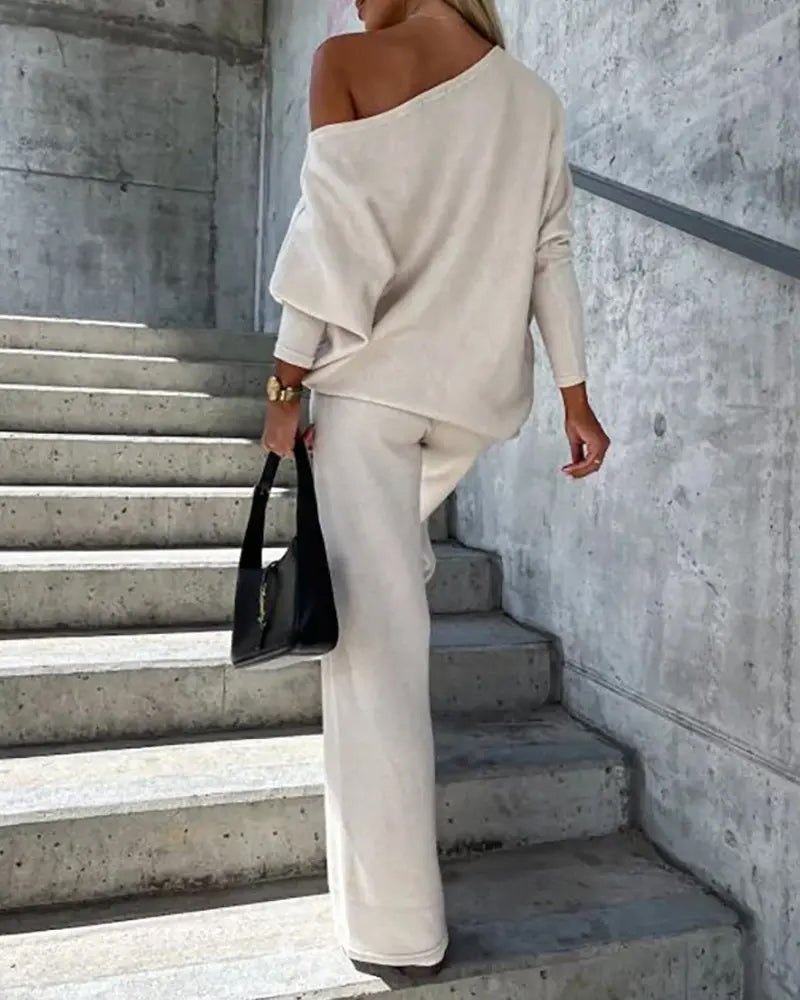 Solid Color Two Pieces Sets Off-shoulder Bat Sleeve Top Casual Wide Leg Pants Suit