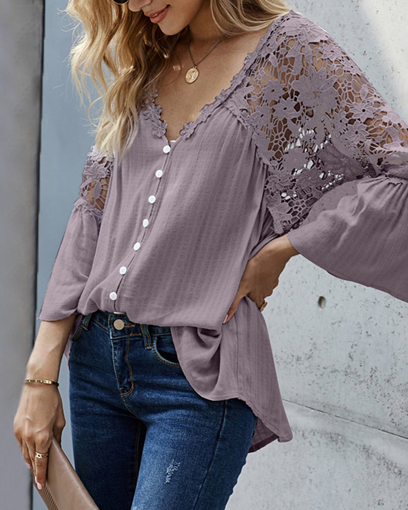 Lace Boho Blouses Crochet Flowy Bell Sleeve Button Down Casual T Shirts