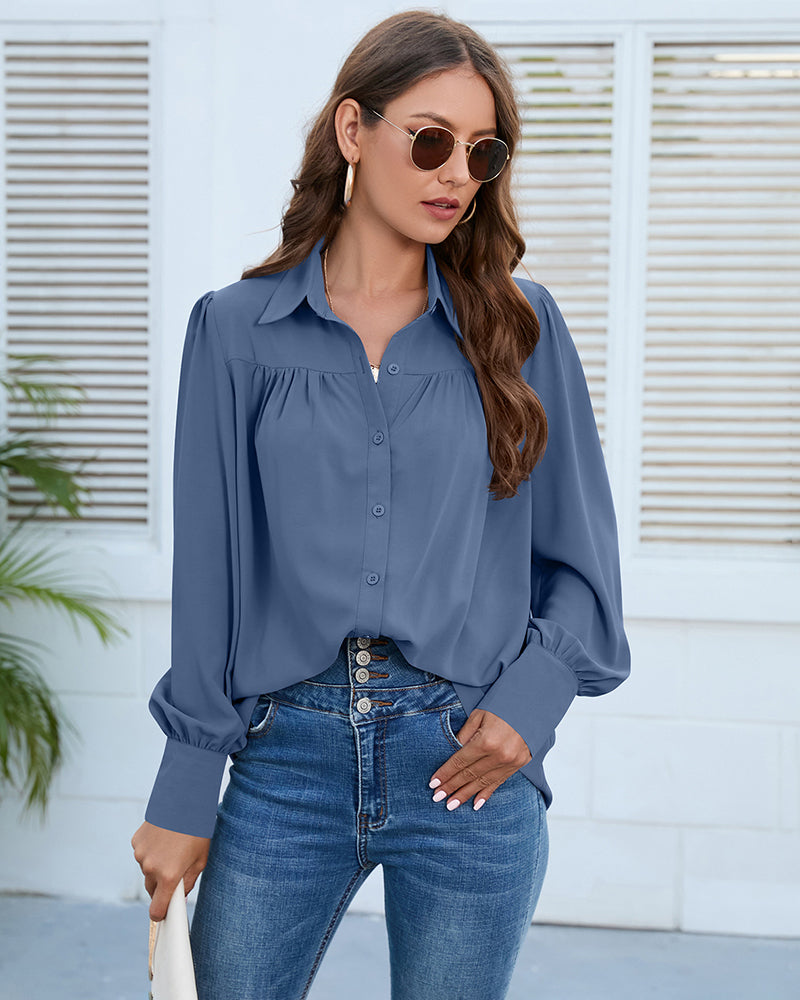 V Neck Button Down Shirts Long Sleeve Collared Blouses Tops