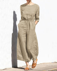 Solid Color Long Sleeve Rompers Back Button Elastic Waist Wide Leg Long Jumpsuit