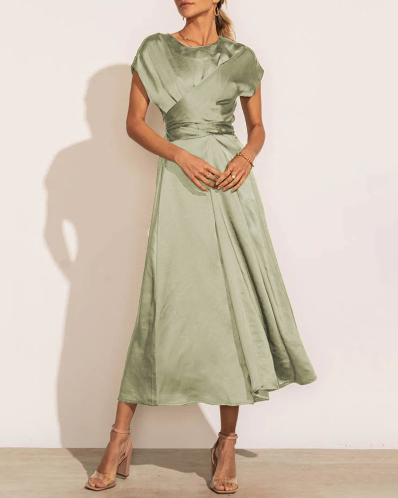 Satin Midi Dress Cap Sleeve Tie Waist Elegant A-Line Flowy Dresses