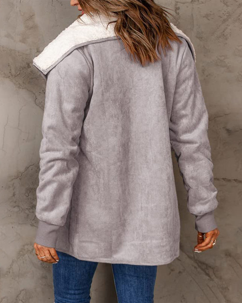 Fleece Long Sleeve Warm Teddy Coat Lapel Cardigan With Pocket