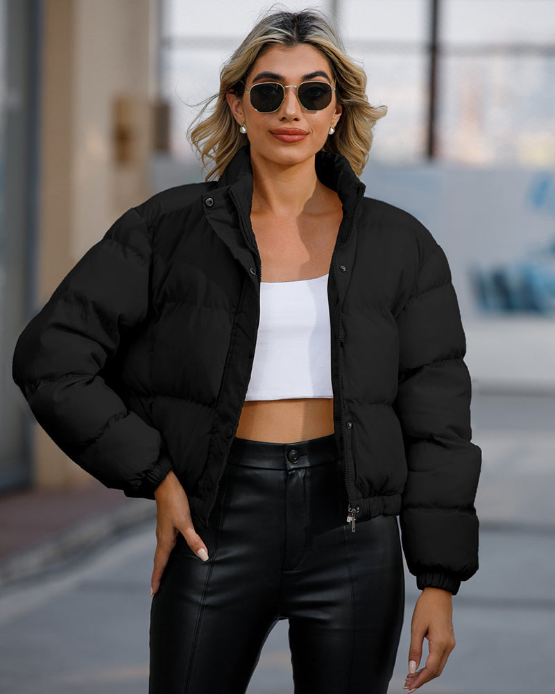 Short Puffer Jacket Stands Up Button Zipper Outerwear
